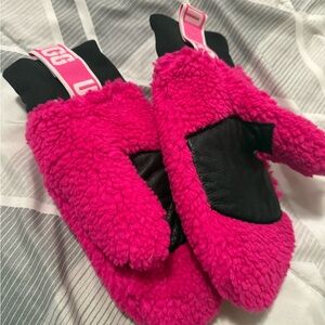 UggPink Fuzzy Mittens with Black Accents